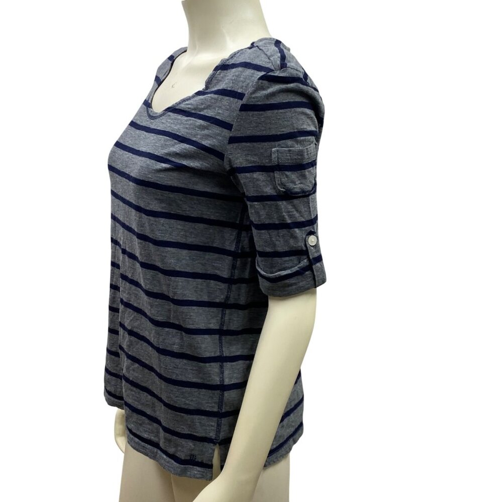 Tommy Hilfiger Womens Striped 3/4 Sleeve Top With Buttoned Tabs M